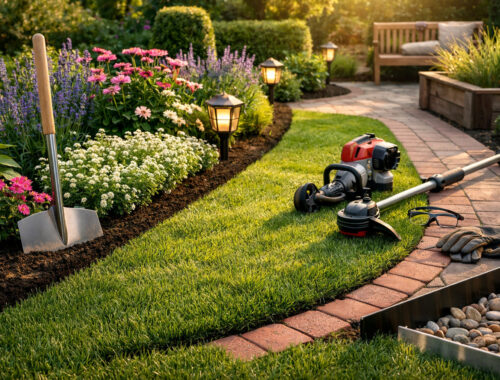 Freshly edged lawn with clean borders, brick pathway, and landscaping tools creating a neat and defined yard